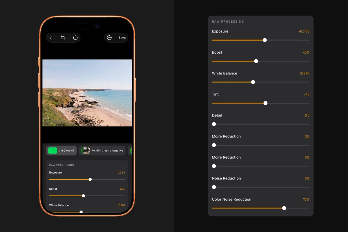 The Analogue camera interface highlighting Pro Camera Mode, RAW processing, Cine Preview and the updated lens layout.